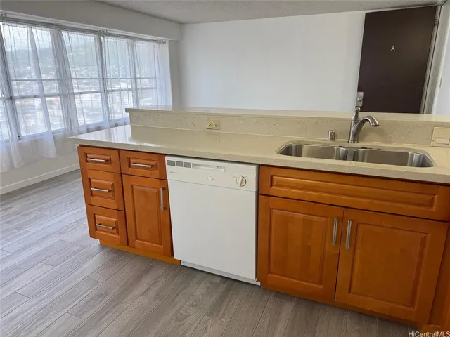 a kitchen with stainless steel appliances granite countertop a sink and dishwasher with wooden floor