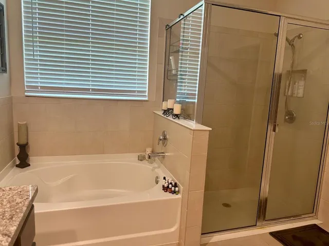 a bathroom with a shower and a bath tub