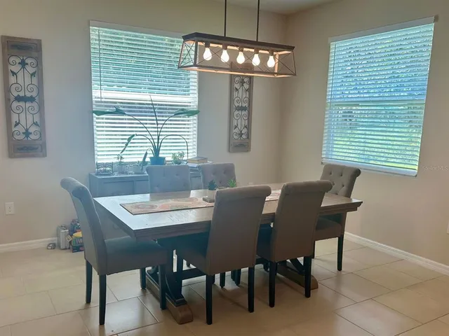 a view of a dining room with furniture and window