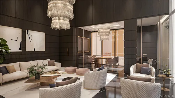 a living room with furniture chandelier and a large window