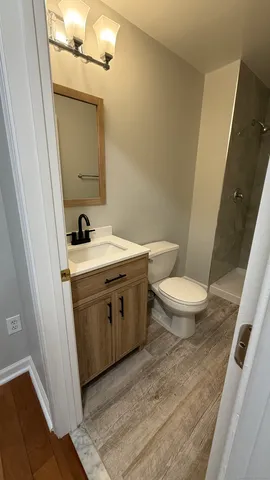a bathroom with a sink a toilet a mirror and vanity