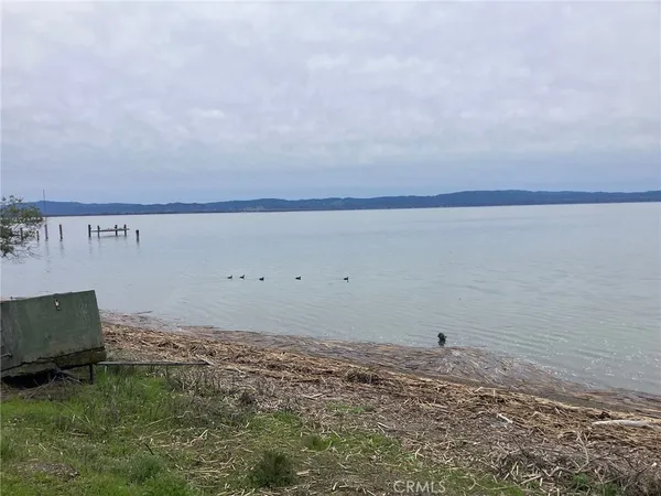 a backyard of a house with lots of green space and lake view