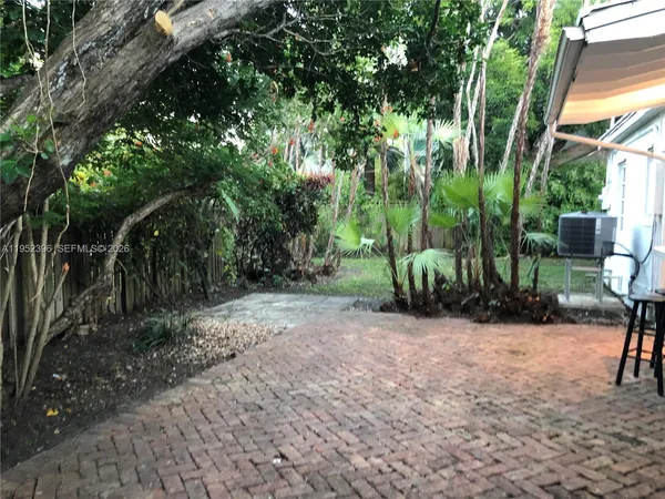 a view of backyard with plants and trees