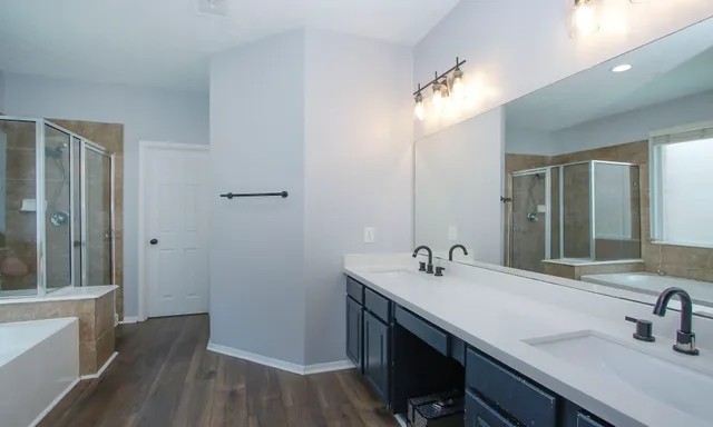 a bathroom with a double vanity sink a mirror and shower