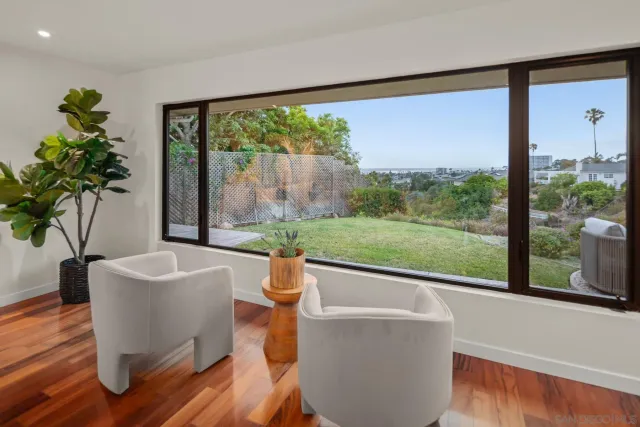 a living room with couch and a potted plant