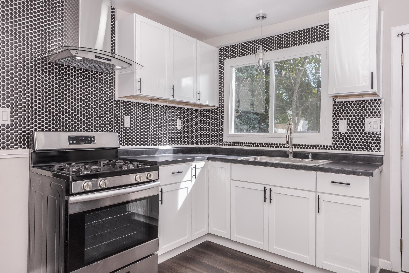 306 East Martin Street Forrest, IL 61741 - Photo 12 of 32 a kitchen with granite countertop a stove a sink and wooden floors