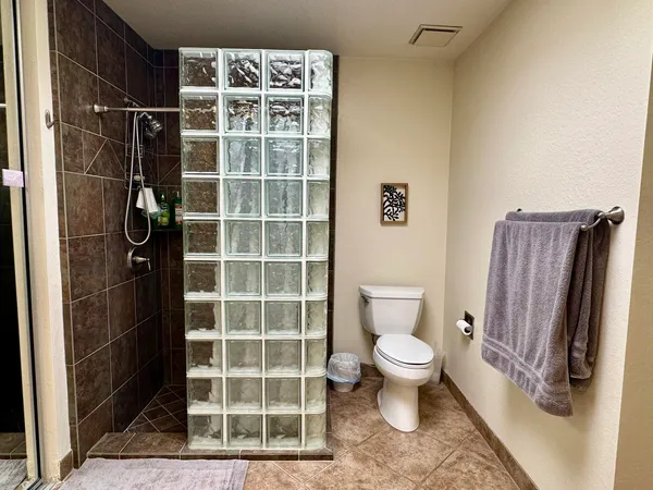 a bathroom with a toilet and a shower