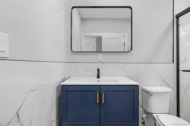 a bathroom with a sink vanity and a toilet