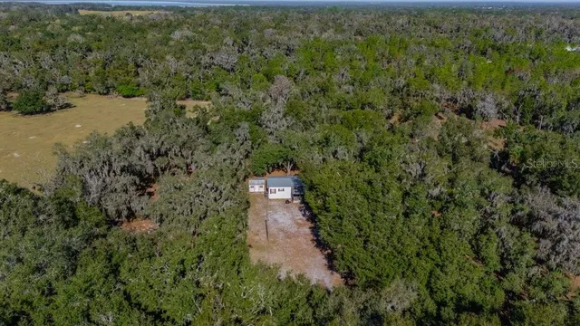 an aerial view of residential houses with outdoor space and trees