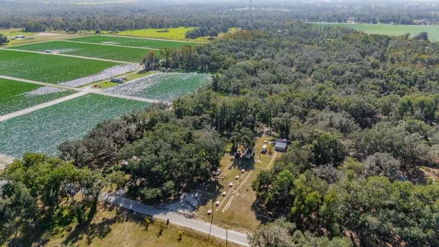 an aerial view of residential house with outdoor space and trees all around