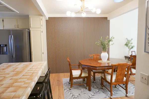 a view of a dining room with furniture