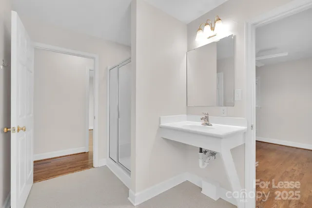 a bathroom with a sink a mirror and a shower