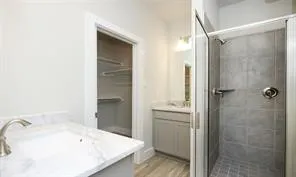 a bathroom with a tub sink and vanity