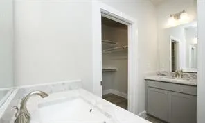 a bathroom with a tub sink and mirror