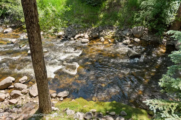 a view of a yard with wooden fence