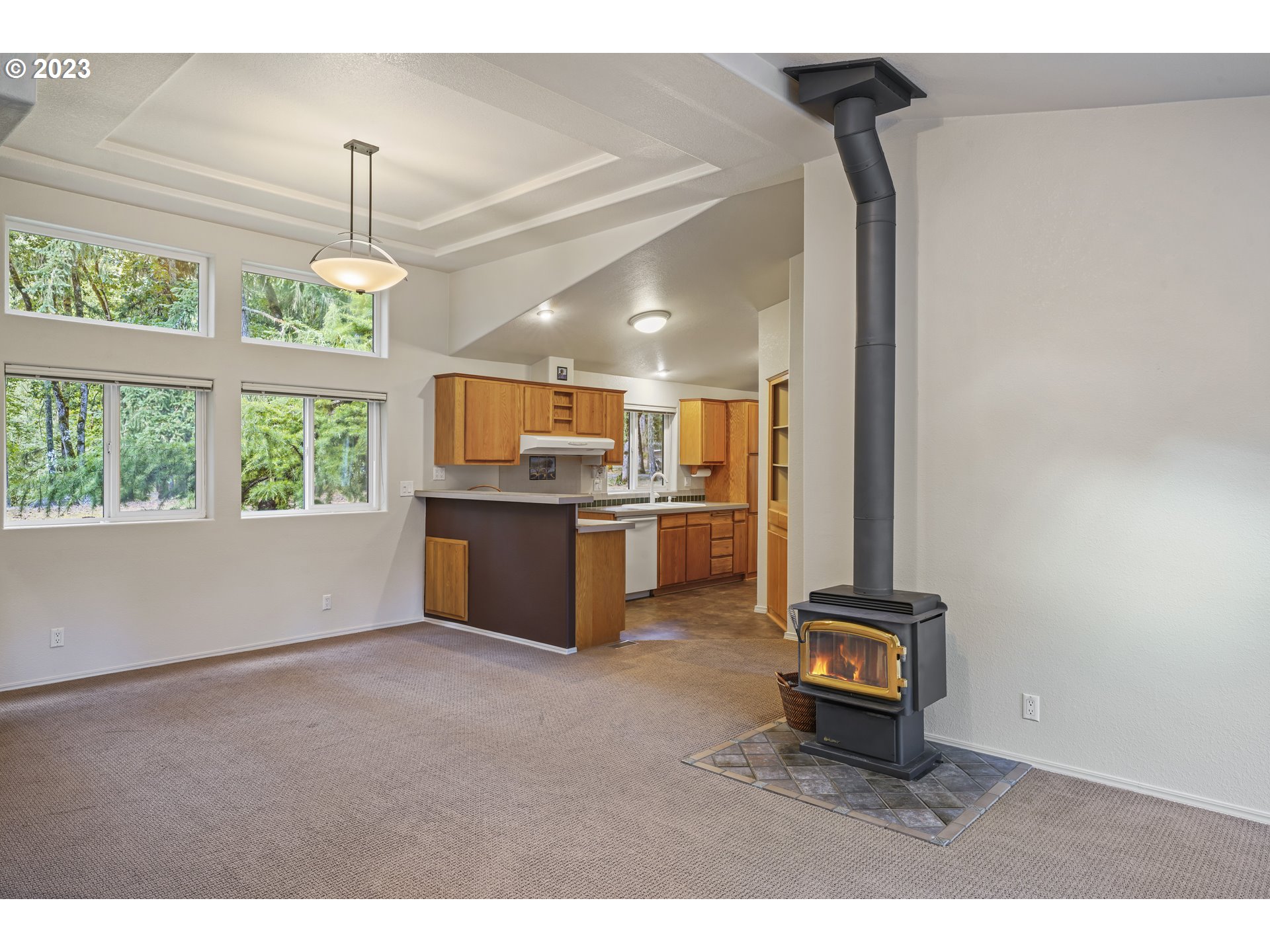 31861 Owl Road Eugene, OR 97405 - Photo 11 of 38 a living room with kitchen island granite countertop furniture and a chandelier