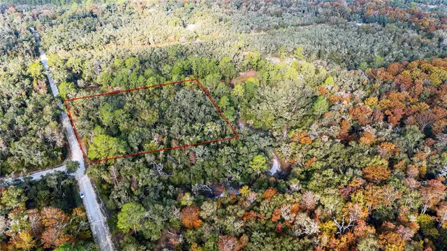 an aerial view of residential houses with outdoor space and trees