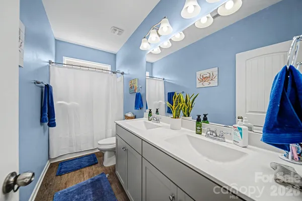 a bathroom with a sink a toilet a mirror and shower