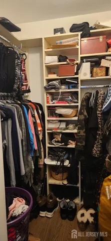 a view of walk in closet with clothes and shoes