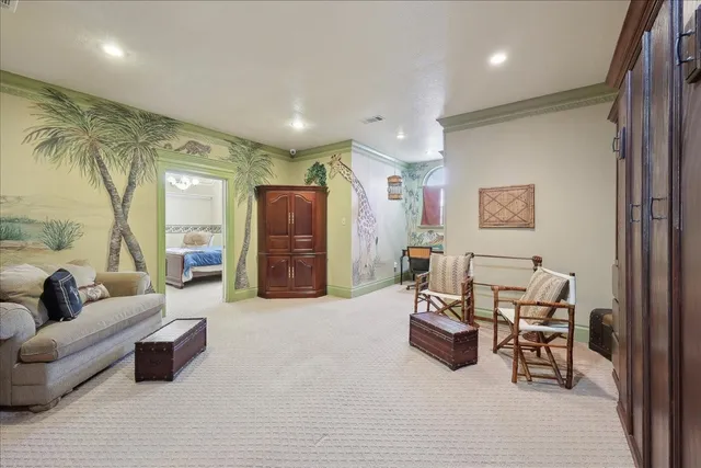 a living room with furniture and a table