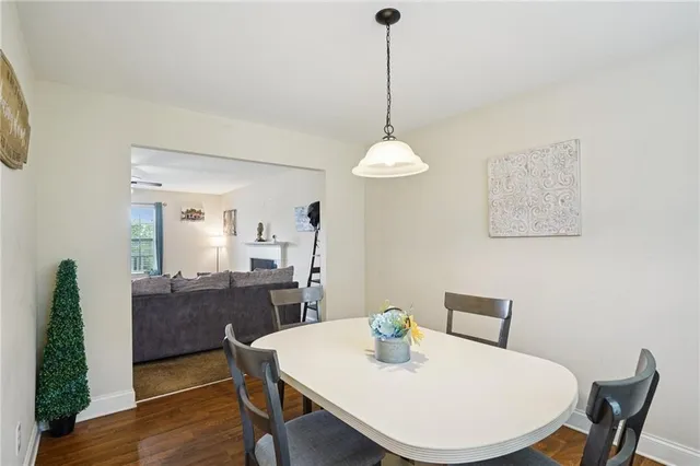 a view of a dining room with furniture