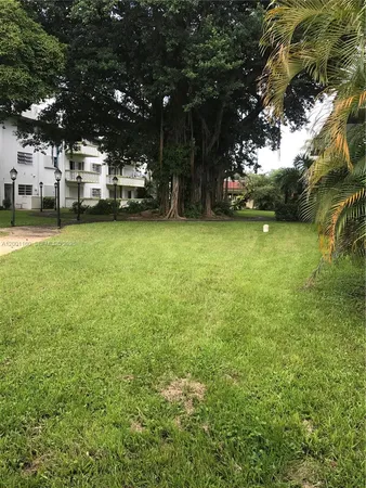 a view of a yard with a house and a large tree