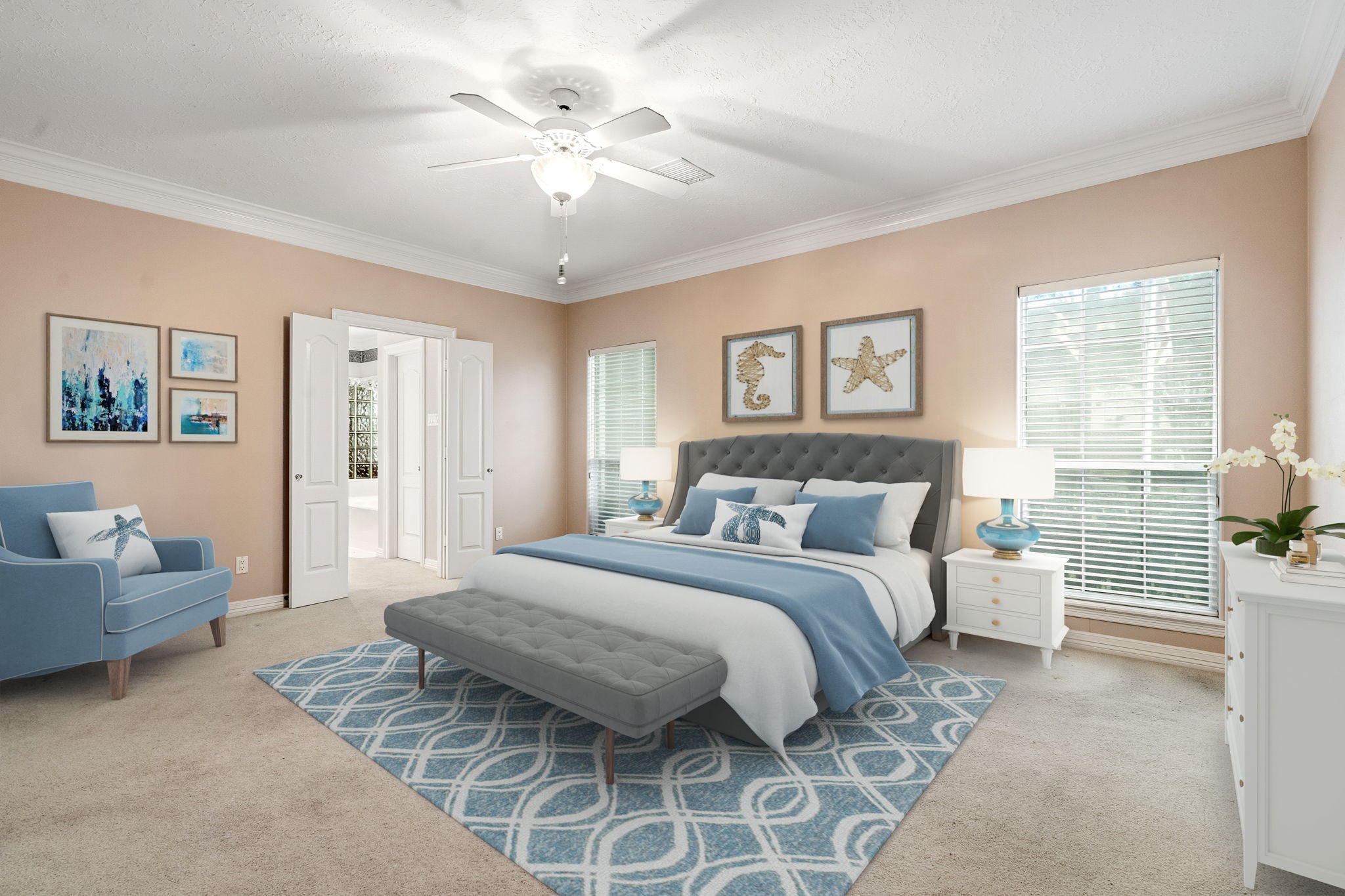 106 Cove Point Montgomery, TX 77356 - Photo 15 of 48 a spacious bedroom with a bed and a chandelier