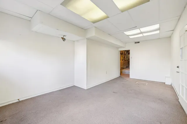 a backyard of a house with large trees and plants