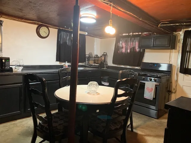 a view of a dining room with furniture