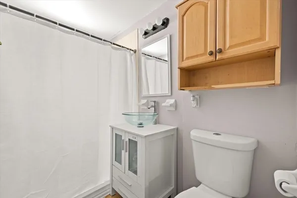 a bathroom with a sink a toilet and a mirror
