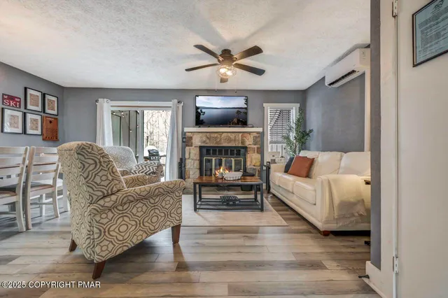 a living room with furniture and a fireplace