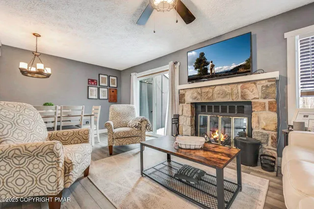 a living room with furniture a chandelier and a fireplace