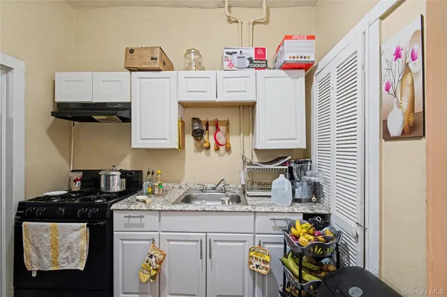 a kitchen with a sink a stove and cabinets