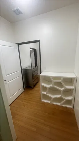 a view of walk in closet with wooden floor