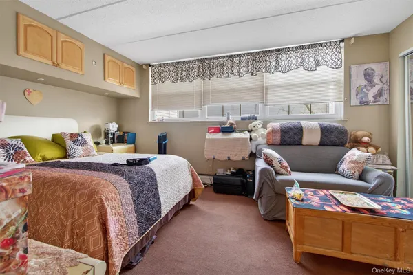 a bedroom with a bed and cabinets