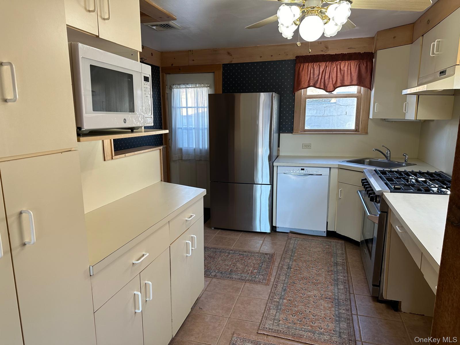 168 Pine Hill Road, Unit 1 Chester, NY 10918 - Photo 1 of 13 Tiled Kitchen featuring ceiling fan, sink, stainless steel appliances, and a wealth of natural light