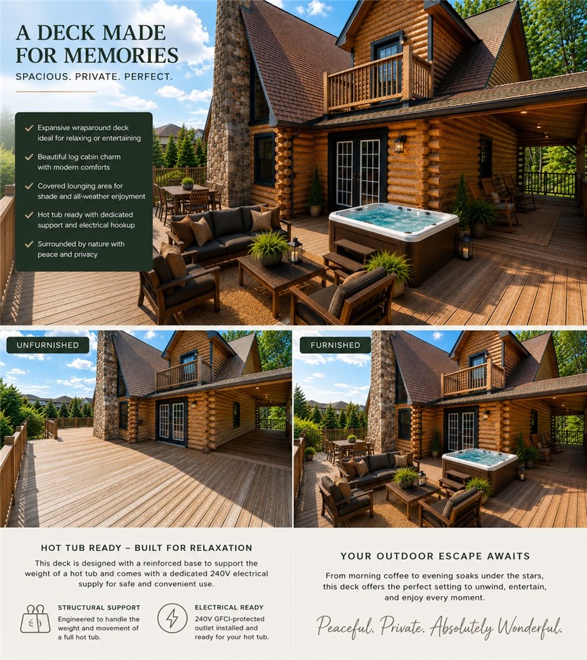 414 Devon Way Anderson, SC 29621 - Photo 40 of 50 An inviting outdoor deck on a log cabin home features a spa, offering a perfect blend of relaxation and rustic elegance.