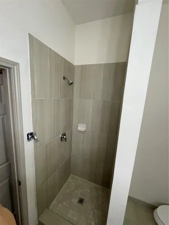 a bathroom with a shower and a toilet