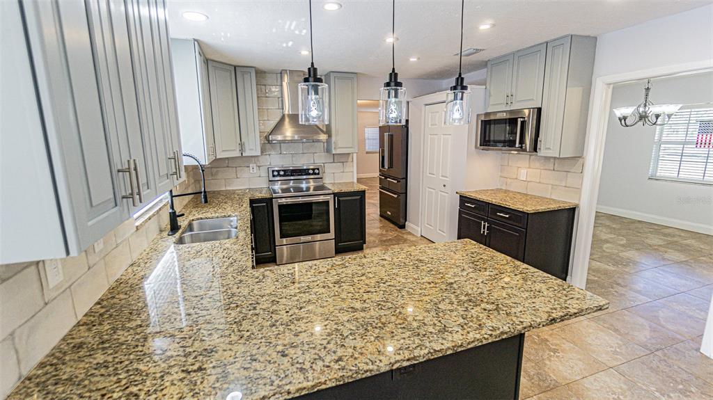 3801 Durant Road Valrico, FL 33596 - Photo 45 of 53 a kitchen with stainless steel appliances granite countertop a stove top oven a sink dishwasher a refrigerator and white cabinets with wooden floor