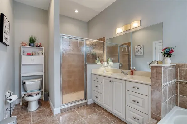 a bathroom with a sink a toilet and shower curtain