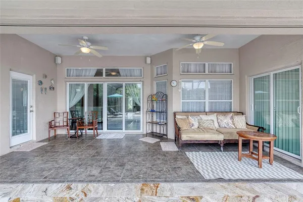 a view of a garden with a patio