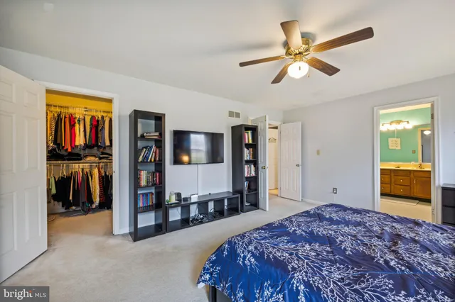 a bedroom with a bed and a walk in closet