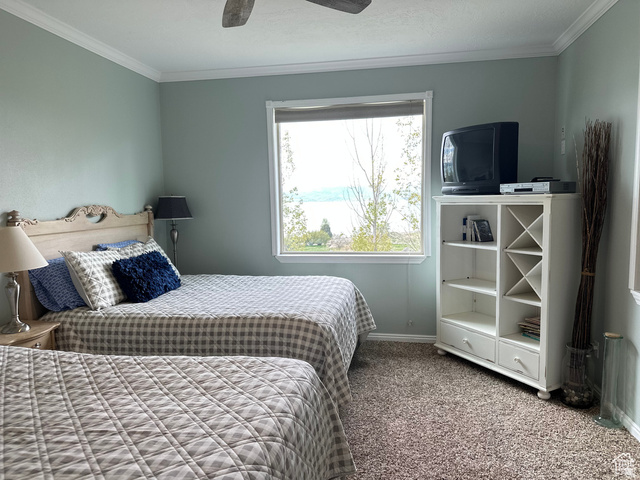 1940 East Shore Road St. Charles, ID 83272 - Photo 34 of 64 Carpeted bedroom featuring crown molding and ceiling fan