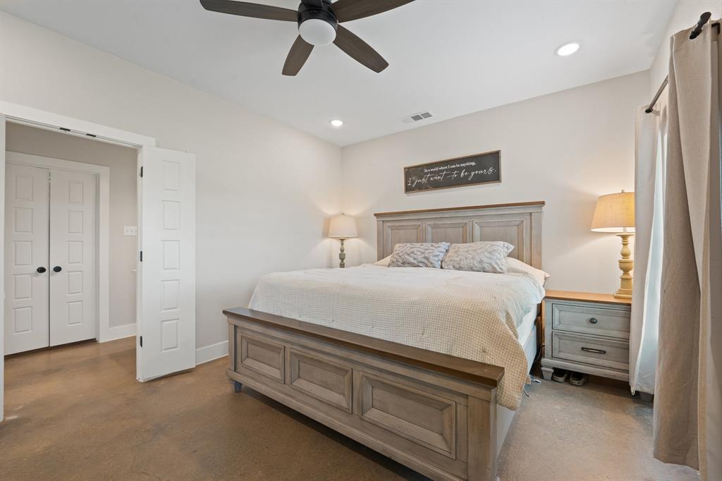 1031 Augustus Court Rio Vista, TX 76093 - Photo 10 of 30 Spacious room featuring concrete-finish flooring, a ceiling fan with integrated lighting, recessed lighting, and a double-door closet with black hardware