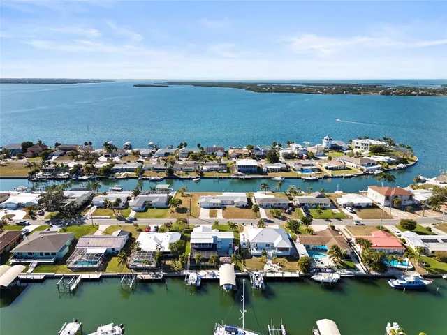 an aerial view of a house with a yard and large tree