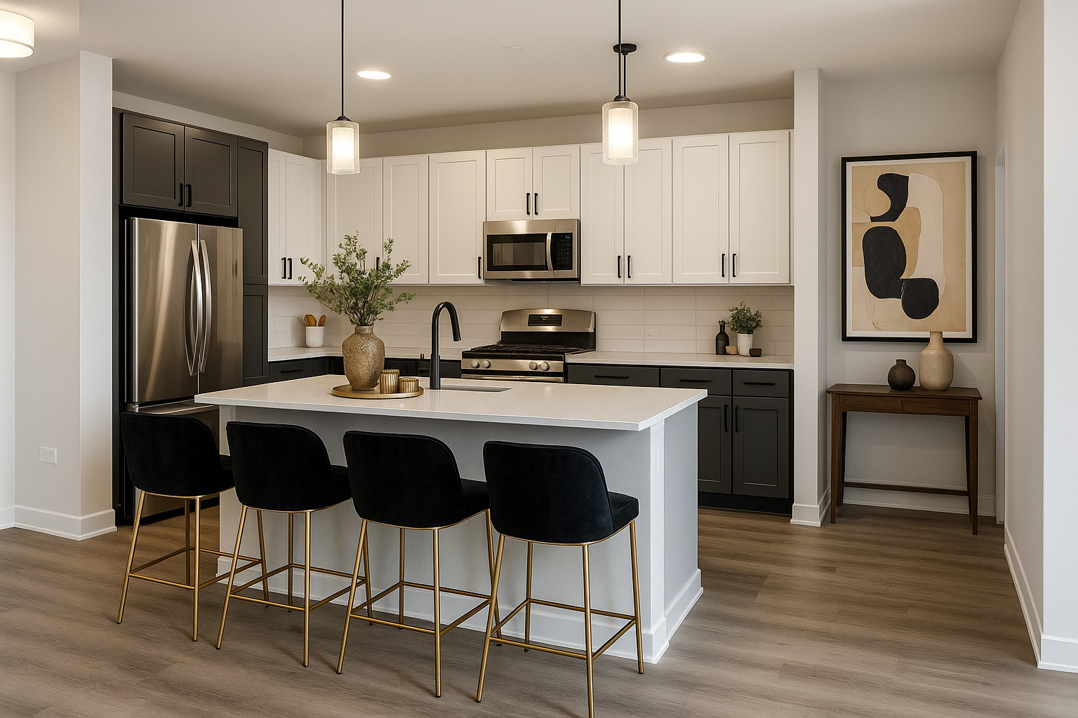 250 McHenry Road, Unit C1 Buffalo Grove, IL 60089 - Photo 2 of 35 a kitchen with stainless steel appliances a stove a sink refrigerator and a refrigerator with wooden floor