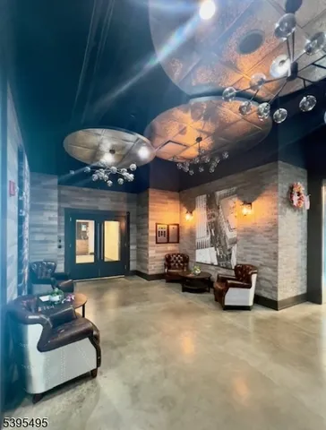 a lobby with furniture