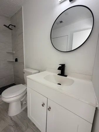 a bathroom with a sink mirror and toilet