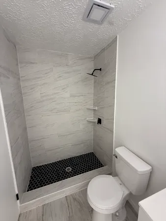 a bathroom with a toilet and a shower