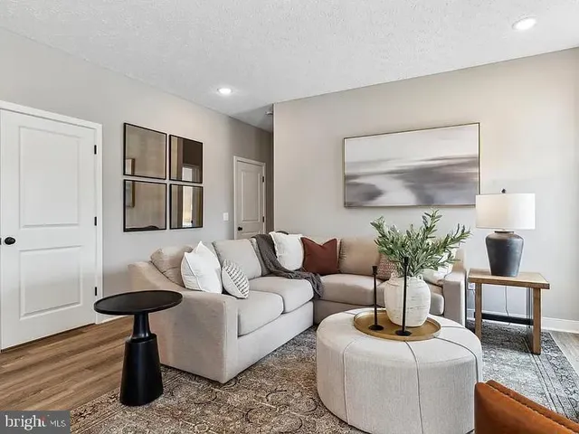 a living room with furniture and a lamp